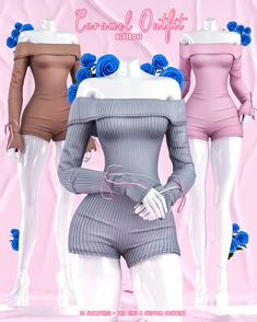 three female mannequins with blue roses on them in front of a pink background