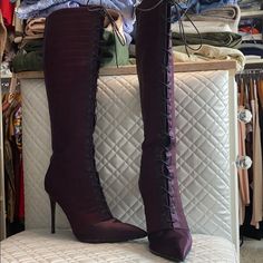 Used Lace Up Boots With Zipper Closer. Please See Images For Signs Of Wear. Heel Height 4” No Dust Bag Or Box Purple Knee High Boots, Purple Boots, Stella Mccartney Shoes, Purple Silk, Shoes Heels Boots, Lace Up Boots, Knee High Boots, Color Purple, Stella Mccartney