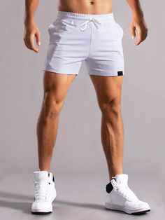 White Casual Collar  Fabric Plain Track Shorts Embellished Non-Stretch  Men Clothing Sports Shorts Mens, Male Shorts Outfits, Men’s Shorts, Men Short Shorts, Short Shorts Men, Men Shorts Outfit, White Shorts Men, Shorts Outfits Men, Mens Short Shorts