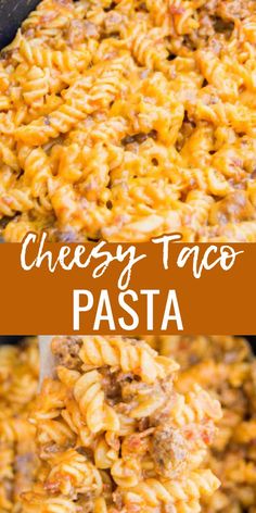 cheesy taco pasta in a skillet with a wooden spoon and text overlay