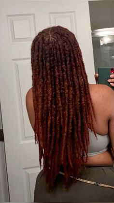 Black Women Colored Locs, Black And Ginger Locs, Long Ginger Locs, 2 Year Loc Journey, Reddish Brown Locs, 60 Locs Count, 3b Locs, Chocolate Brown Locs, Loc Journey Before And After