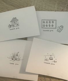 three thank you cards with hand drawn designs on them, one is for a house and the other is for a dog