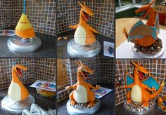 several pictures of an orange and white dragon cake with frosting on it's head