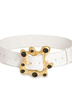 Find CYNTHIA ROWLEY Hidden Gem Belt on Editorialist. The oversized buckle belt is crafted from supple genuine leather with an oversized brass buckle with Black Onyx Cabochon Can be worn on the waist or hips Can be belted from 25 to 36 12 holes Buckle is 4 wide Belt is 2 wide Belt length: 42.5 Content: 100% genuine leather Imported Final Sale Luxury Gold Belt With Antique Buckle, Luxury Vintage Belt With Brass Buckle, Black Belt Gold Buckle, Black Leather Belt Buckles With Gold-tone Hardware, Luxury Black Belt Buckles With Gold-tone Hardware, Hidden Gems, Wide Belt, Brass Buckle, Cynthia Rowley