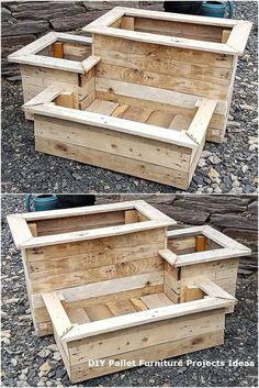 two wooden planters sitting next to each other on top of gravel covered flooring