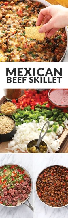 mexican beef skillet recipe is shown in three different pictures, including the meat and vegetables