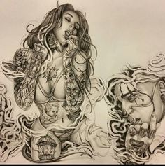 a drawing of a woman with tattoos on her body and two skulls around her neck