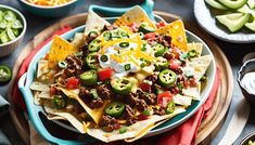 a plate filled with nachos topped with cheese and toppings