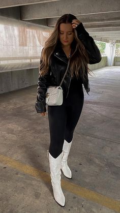 black leather jacket, cowboy boots , white cowboy boots @trendykenziee Black Cowboy Boots Outfit Winter, White Western Boots Outfit, White Cowgirl Boots Outfit, Max Taylor, White Cowboy Boots Outfit, Cowboy Boots White