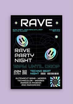 the rave party flyer is displayed on a purple background