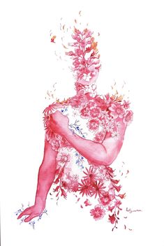 a drawing of a woman with pink flowers on her head and arms, in front of a white background