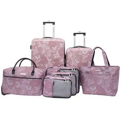 four pieces of luggage are shown in pink and grey colors, including one with wheels