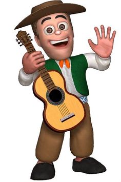 a cartoon character holding a guitar and wearing a cowboy hat with his hands out to the side