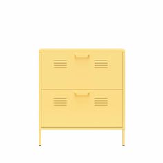 a yellow filing cabinet with two drawers on one side and an open drawer on the other