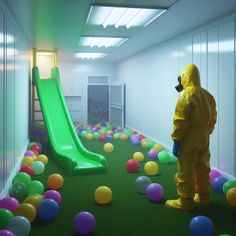 a man in a yellow hazmat standing next to a slide and ball pit