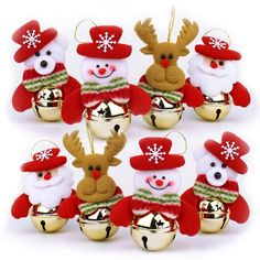 twelve christmas ornaments with santa claus and snowmen in hats, mittens and bells