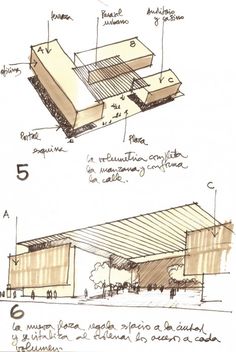 three drawings showing different sections of a building with various details on the front and side