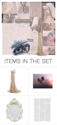 some items in the set are arranged on top of each other, including an ornate frame and