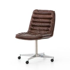 an office chair with wheels and leather upholstered on the back, in front of a white background