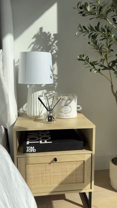 a nightstand with a lamp and books on it next to a plant in a vase