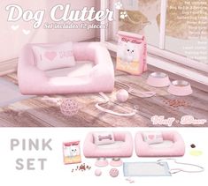 the dog bed is pink and has various items for it to put in front of