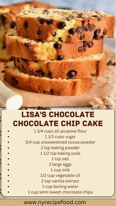 a recipe for chocolate chip cake on a cutting board