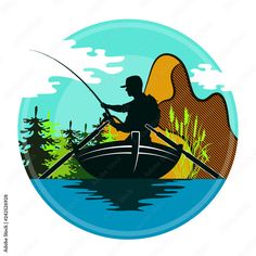 a man in a boat fishing on the river with trees and mountains behind him,