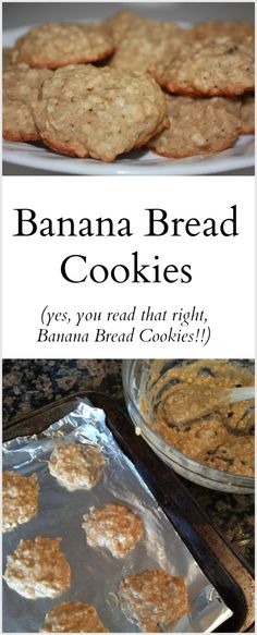 banana bread cookies on a baking sheet and in a pan with the words, bananas bread cookies