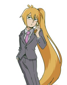 an anime character in a suit and tie talking on a cell phone with long blonde hair