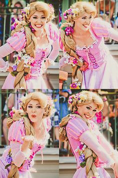 a collage of photos of a blonde haired woman dressed in pink and white with braids