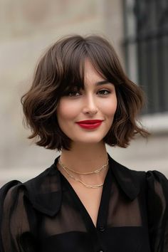 French Bob Haircut Grey Hair, French Bobs With Bangs, Brunette Bob Bangs, Bob Formal Hairstyles, Layered French Bob, Corte Shaggy, Textured Bobs, Dark Brown Hair Balayage, Haircut Gray Hair