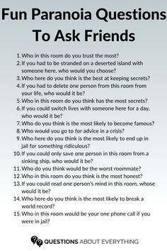 paranoia questions Paranoia Game, Paranoia Questions, Question Game For Friends, Questions To Ask Friends, Fun Games For Teenagers, Funny Truth Or Dare, Teen Sleepover Ideas, Good Truth Or Dares