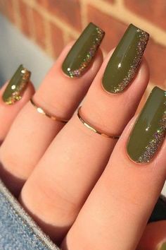 African American Nails Acrylic, Black Fine Glitter Nails, Fun Easy Acrylic Nails, Olive Green Christmas Nails, Army Green Nails With Design, Green Coffin Acrylic Nails, Green Nails Coffin, Elegant Green Nails, Hawaii Ideas