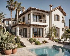 a large house with a pool in front of it