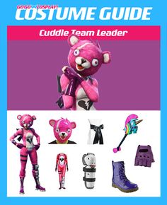 the costume guide for cuddle team leader is shown in pink and purple with lots of accessories