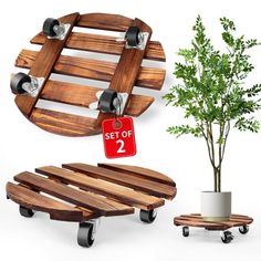 a set of two wooden benches next to a potted plant on casteors with wheels