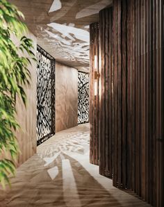 an artisticly designed room with wooden slats on the walls and bamboo trees in the foreground