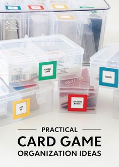 plastic card game organization boxes with labels on them