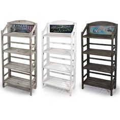 three different types of shelvings with chalkboard labels on the top and bottom