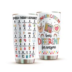 two travel mugs with different types of words and symbols on the side, one is white