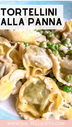 tortelli alla panna with peas and cream sauce in a blue bowl on a white plate