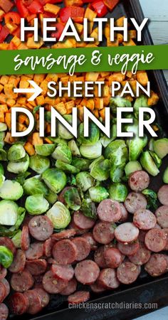 Image of diced bell peppers, sweet potatoes, Brussels Sprouts and chicken sausage, roasted on a sheet pan with text "Healthy Sausage & Veggie Sheet Pan Dinner". Apple Sausage Sheet Pan, Sausage Sheet Pan Meal, Chicken Sausage Sheet Pan, Sausage Sheet Pan Dinner, Sausage Sheet Pan, Chicken Apple, Sheet Pan Dinners Chicken, Chicken Apple Sausage, Sausage Dishes