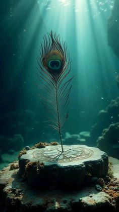 an image of a peacock feather on a rock under water with sunlight streaming through it