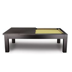 a pool table with a yellow cloth on the top and two black legs, in front of a white background