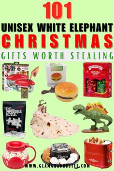 an image of christmas gifts with text overlay that reads 101 unisex white elephant christmas gifts worth stealing