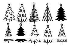 christmas trees drawn in black and white on a white background