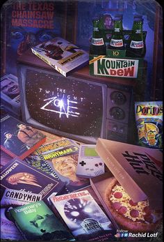 an advertisement for mountain dew with pizza, sodas and other items on the table