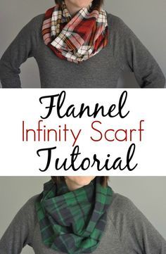 a woman wearing a scarf with the words, flannel infinity scarf