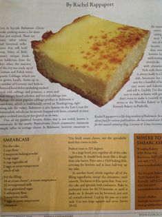 a piece of cheesecake on top of a newspaper page with information about the recipe