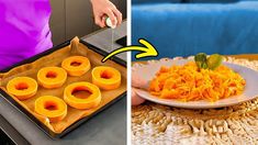 two pictures side by side, one with oranges and the other with cheese